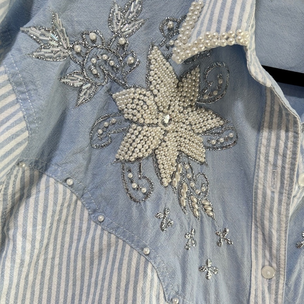 Men's Blue Striped Shirt with Floral Embroidery - Picture 14 of 16